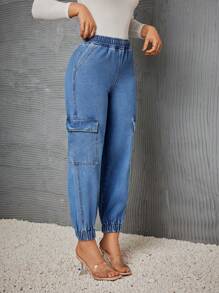 SHEIN Privé 女士捲邊口袋牛仔褲 - 中等水洗藍 - 查看 3