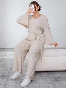SHEIN Essnce Women'S Plus Size Ribbed Jumpsuit With Belted Waist
