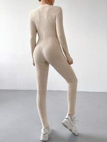 SHEIN EZwear 拉鍊設計的鬆緊針織連身衣跳躍套裝 - 杏色 - 查看 3