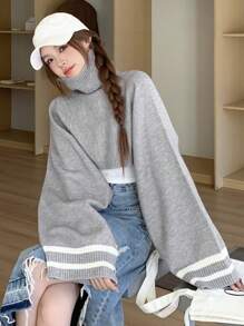 Dazy Star Sọc Áo cao cổ Lỏng lẻo phù hợp Giải trí Áo len - Xám - Xem 6