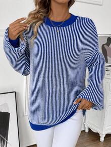 SHEIN Essnce Của phụ nữ Sọc Thả vai Tay áo dài Áo len Áo chui đầu - Màu xanh lam - Xem 3