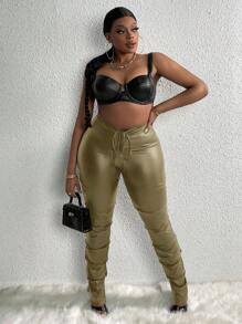 Slaydiva Plus Size Drawstring Waist Pleated Pu Leather Pants - Army Green - View 3