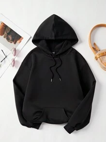 SHEIN EZwear 文字印花落肩設計連帽休閒衛衣 - 黑色 - 查看 2