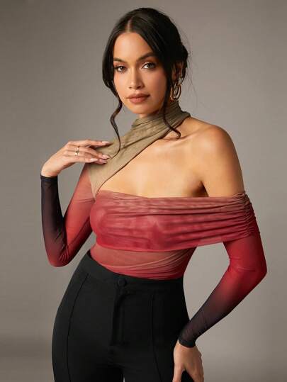 Silquee Valentine's Day Asymmetrical Off-Shoulder Gradient Printed Mesh Pleated Women's Long-Sleeved Bodysuit