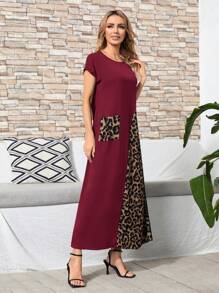 EMERY ROSE 女士圓領長款夏季豹紋拼接連衣裙 - 酒紅色 - 查看 5