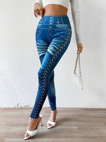 SHEIN Unity 女式牛仔效果打底褲 - 藍色 - 查看 3