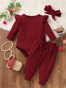 Infant Girls' Ribbed Long Sleeve Bodysuit And Pants Set With Headband - Red - View 1