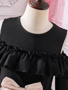 SHEIN Vestido Formal Para Niñas Preadolescentes Con Malla Insertada Y Diseño De Hombros Fríos - Multicolor - Ver 4