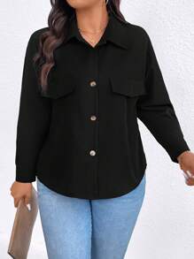 SHEIN LUNE Camisa De Talla Grande De Color Sólido Con Bolsillo De Imitación - Negro - Ver 4