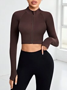 Yoga Basic Women's Zip-up Sporty Jacket With Raglan Sleeves - Coffee Brown - View 8