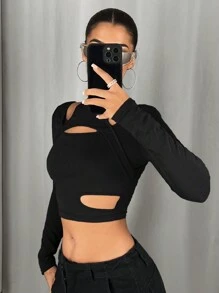 SHEIN ICON Solid Color Cropped Hollow Out T-Shirt - Black - View 6