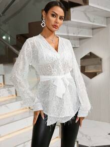 Aveloria 閃亮綁帶長袖衫 - 杏色 - 查看 1