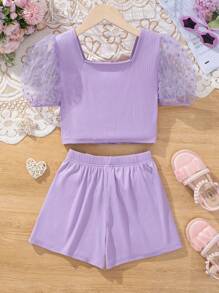 Cô gái Tween Dệt kim Màu thuần Cổ vuông Ống tay áo Áo Và Bộ quần short - Màu tím hoa cà - Xem 5