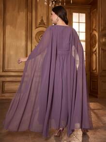 Modelyn Plus Size Women'S Cape Sleeves Dress With Rhinestone Decoration - Dusty Pink - View 2