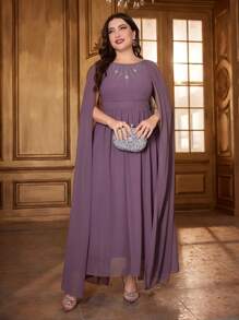 Modelyn Plus Size Women'S Cape Sleeves Dress With Rhinestone Decoration - Dusty Pink - View 5