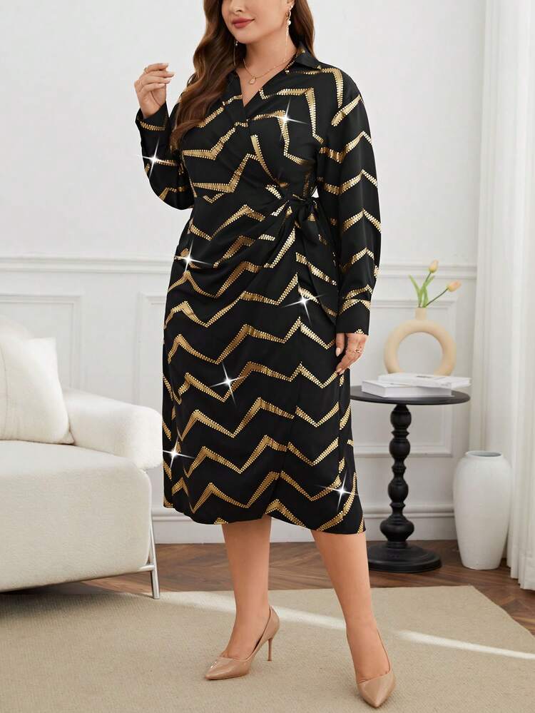 Plus Size Chevron Print Wrap Tie Waist Dress