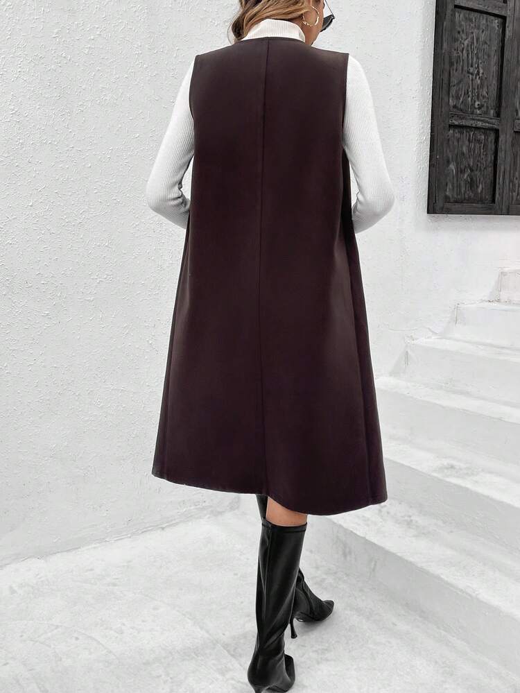 Solid Color Woolen Vest Coat With Lapel Collar