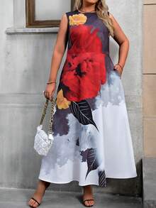 SHEIN Clasi Kích thước lớn In Hoa Nhuộm buộc Váy không tay - màu đen - Xem 5