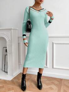 SHEIN Essnce Solid V-Neck Long Sleeve Sweater Dress - Mint Green - View 6