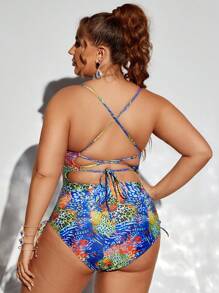 SHEIN Swim Curve Maillot de bain une pièce à dos croisé imprimé, grande taille, carnaval d'été - Multicolore - Voir 3