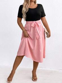 SHEIN Clasi 大码夏季撞色圆点图案连衣裙 - 粉色 - 查看 3