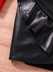 SHEIN Tween 女童长袖立领上衣，带荷叶边和 PU 皮革迷你裙，2 件/套 - 紅色 - 查看 6