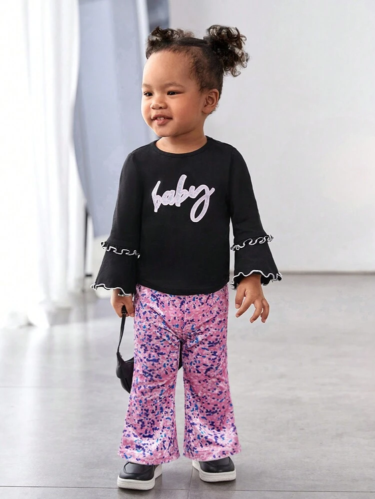 Baby Girls' Casual Imitation Beaded Flare Sleeve Top And Long Pants Set