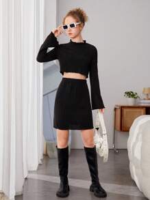 少女鈴提袖t恤配裙子兩件套 - 黑色 - 查看 3