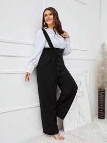 Vionelle 大碼前紐扣闊腿腰帶背帶連身褲不帶上衣 - 黑色 - 查看 4