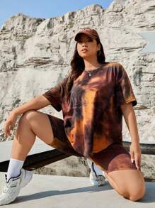 SHEIN EZwear 大码女式夏季扎染短袖 T 恤和短裤两件套 - 彩色 - 查看 3
