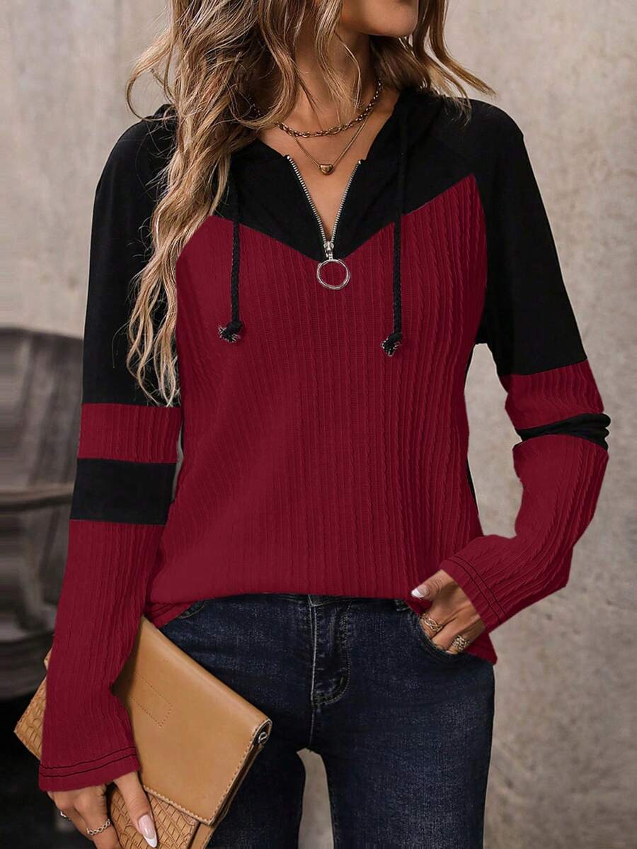 EMERY ROSE Colorblock Hooded Casual Long Sleeve T-Shirt For New Year Clothes Graphic Tees Women Tops For Spring Outfit Fall Cloth For Women - Red - View 1