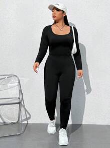 SHEIN EZwear 大尺寸女性純色修身連身褲 - 黑色 - 查看 3