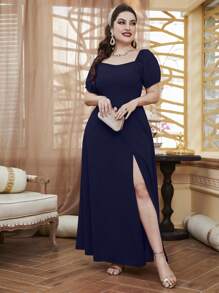 Modelyn 大碼純色高衩洋裝 - 藏蓝色 - 查看 5