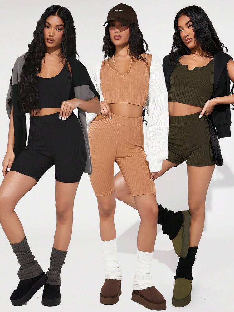 3pcs Solid Ribbed Knit Biker Shorts