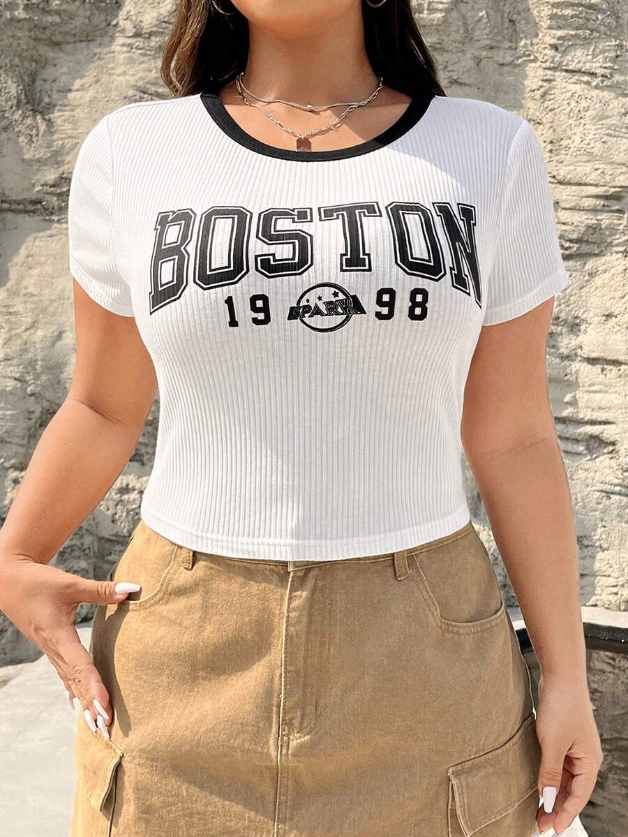 SHEIN EZwear 大尺寸字母印花短袖t卹 - 黑與白 - 查看 1