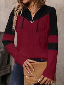EMERY ROSE Colorblock Hooded Casual Long Sleeve T-Shirt For New Year Clothes Graphic Tees Women Tops For Spring Outfit Fall Cloth For Women - Red - View 5