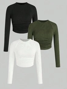 Lunelith SHEIN Lunessa Solid Color Pleated Long Sleeve T-Shirt Fall Cloth For Women