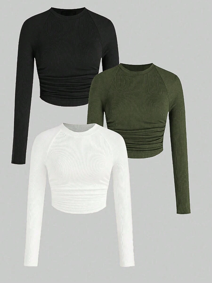 Lunelith SHEIN Lunessa Solid Color Pleated Long Sleeve T-Shirt Fall Cloth For Women