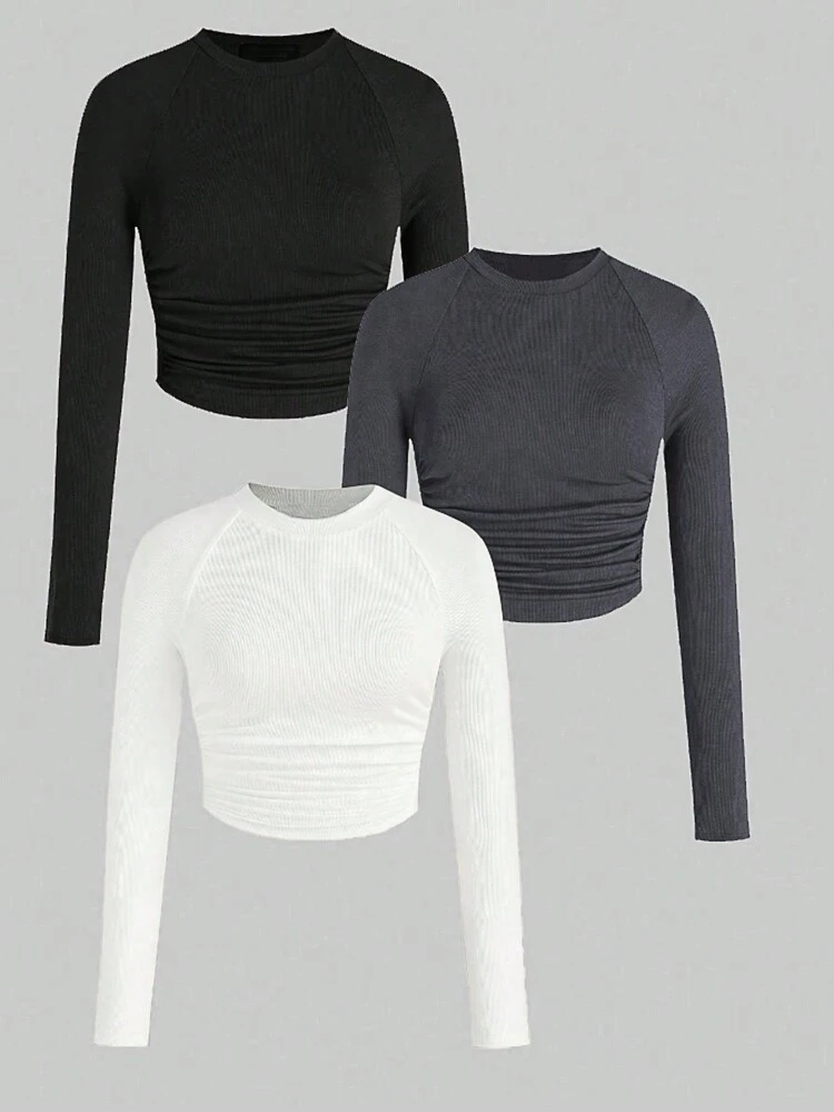 Solid Color Pleated T-Shirt With Raglan Sleeves Fall Cloth For Women