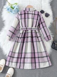 SHEIN 女孩子的格紋襯衫領長袖扣式長洋裝,附帶腰帶適用於秋季,時尚可愛 - 紫色 - 查看 2