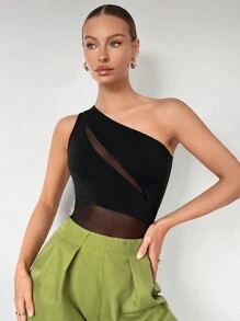 Maija Women's Mesh Splice Asymmetric Collar Bodysuit