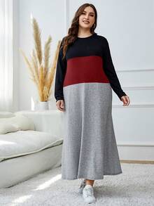 Mulvari Plus Size Color Block Round Neck Long Sleeve Casual Dress - Multicolor - View 5