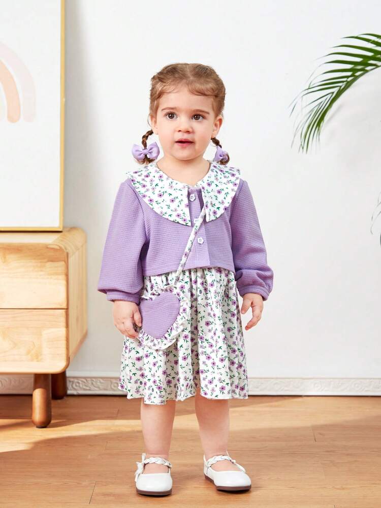 Baby Girls' Casual 2 In 1 Loose Fit Floral Patchwork & Peter Pan Collar Long Sleeve Dress With Bag