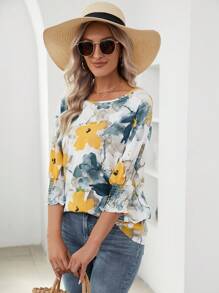 SHEIN LUNE 花朵圖案蝙蝠袖襯衫 - 黃色 - 查看 5