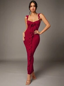 Silquee Valentine's Day Dress Red Mesh Ruffle Three-Dimensional Flower Decoration Women's Long Dress - Burgundy - View 4