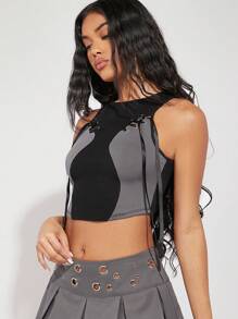 Hauture Colorblock Grommet Lace Up Crop Tank Top - Multicolor - View 5