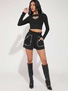 Hauture Elastic Waist Rhinestone Trim Front Pocket Shorts - Black - View 3