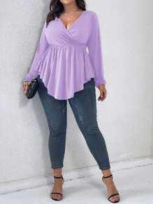 SHEIN Clasi Plus Size Solid Color Ruffled Wrap Tee - Dusty Purple - View 5