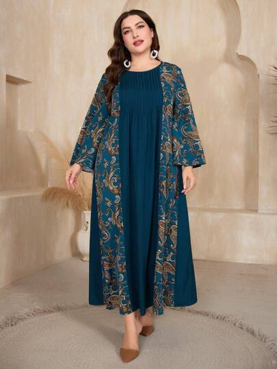 Al Najma Plus Size Paisley Mönster Långärmad Modest Klänning