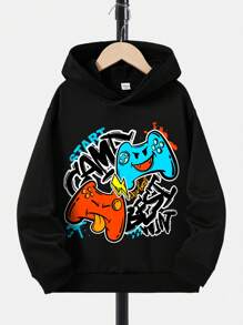 SHEIN Tween Boy Gamepad & Letter Graphic Hooded Thermal Lined Sweatshirt - Black - View 1